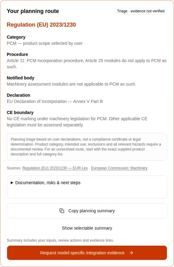 Current machinery directive checker example: April 2027 PCM route with incorporation documents and unverified evidence limits